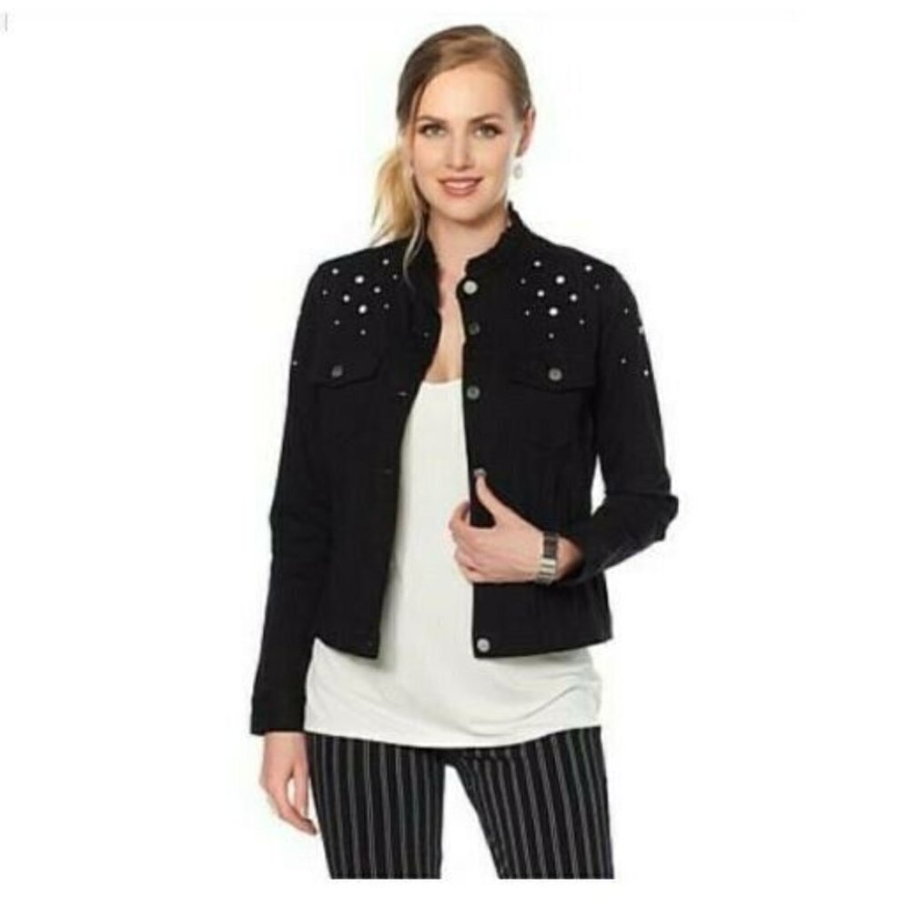 Lysse Denim Pearl Studs Ruffle Collar jacket